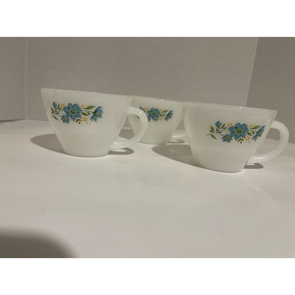 Vintage Fire King Milk Glass Coffee Tea Cup ~ Bonnie Blue Flower Carnation Set 3